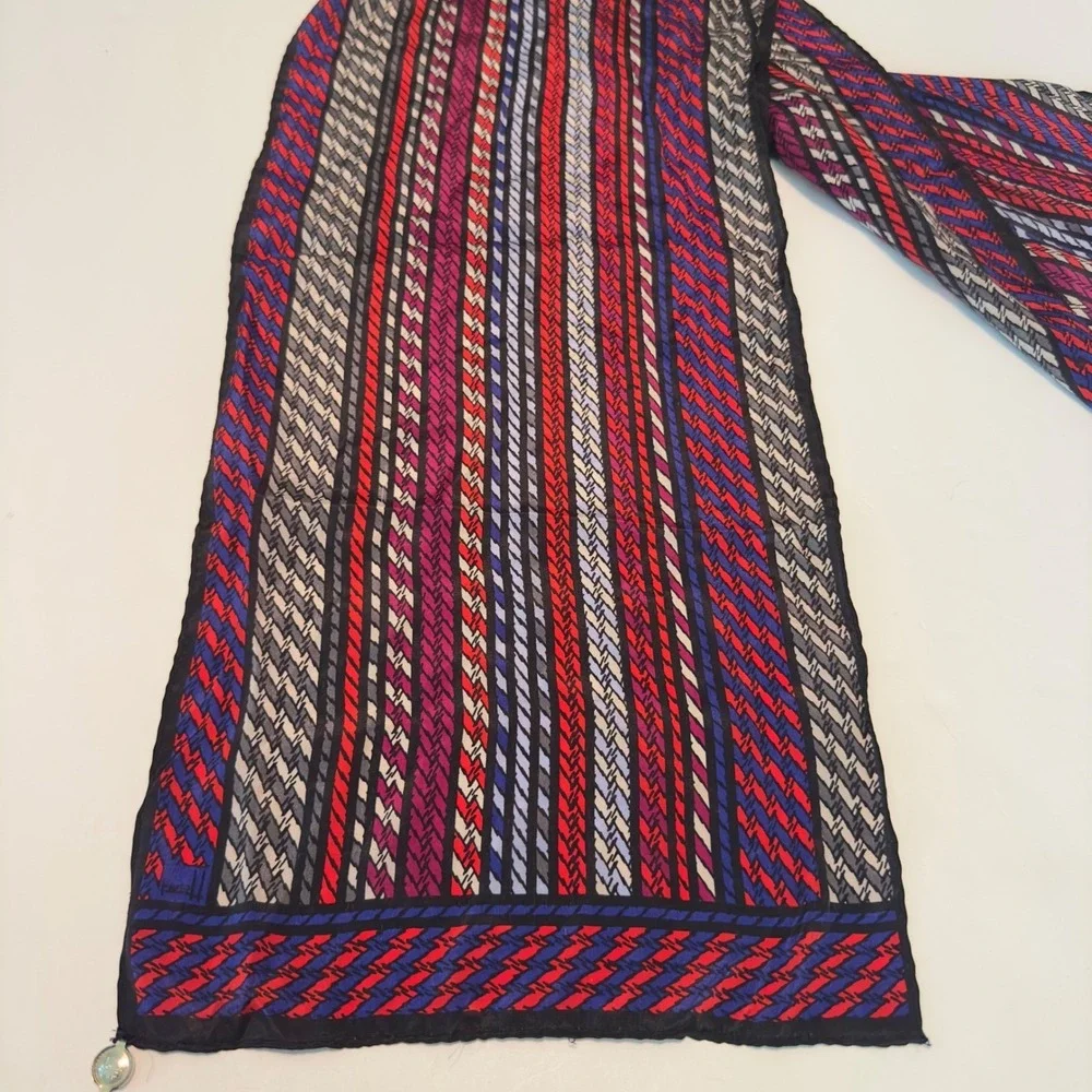 Honey Vintage 100% Silk Scarf Made in Japan Red Blue Chevron Stripe Oblong L 52